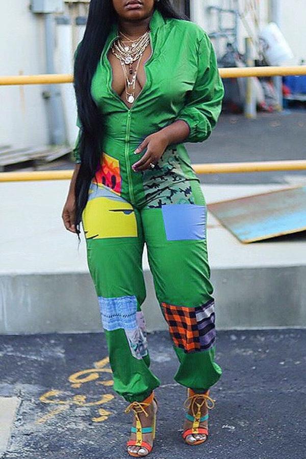 Goosudu Fashion Patchwork Zipper Plus Size Jumpsuit