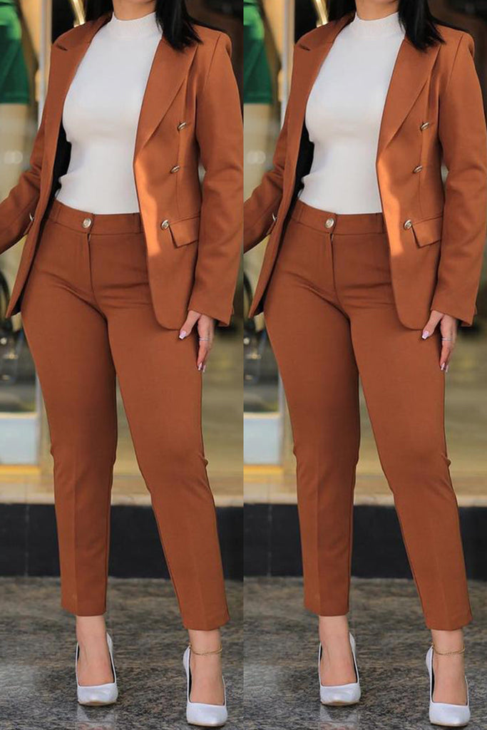 Goosudu Casual Solid Cardigan Pants Turn-back Collar Long Sleeve Two Pieces