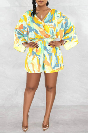 Goosudu Fashion Print V-Neck Lace-Up Long Sleeve Rompers