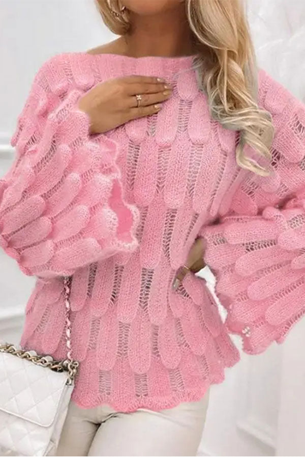 Goosudu Solid Color Boat Neck Elegant Crochet Sweater