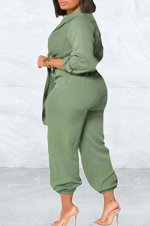 Goosudu Plus Size Pure Color Fashion Knotted Waist Casual Shirt Jumpsuit