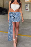 Goosudu 3D Flower Decor Sweet Tie Dye Denim Skirt