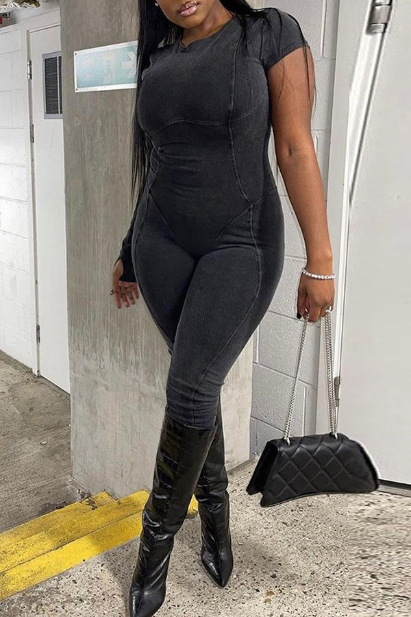 Goosudu Sexy Detachable Sleeve Skinny Stretch Crewneck Denim Jumpsuit