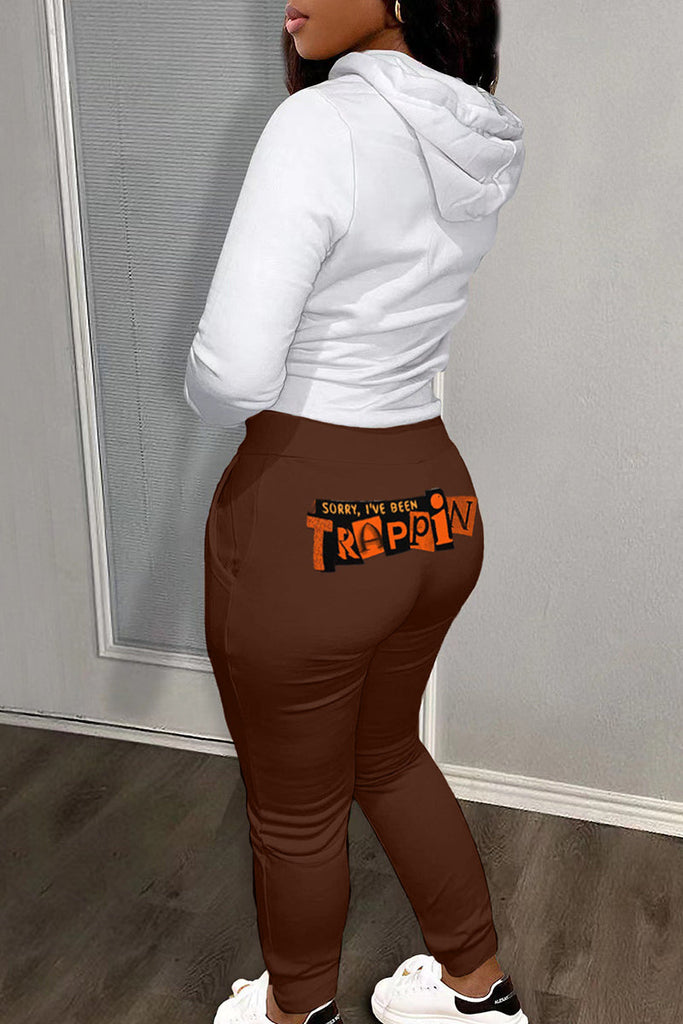 Goosudu Casual Print Patchwork Draw String Pocket Hooded Collar Long Sleeve Two Pieces