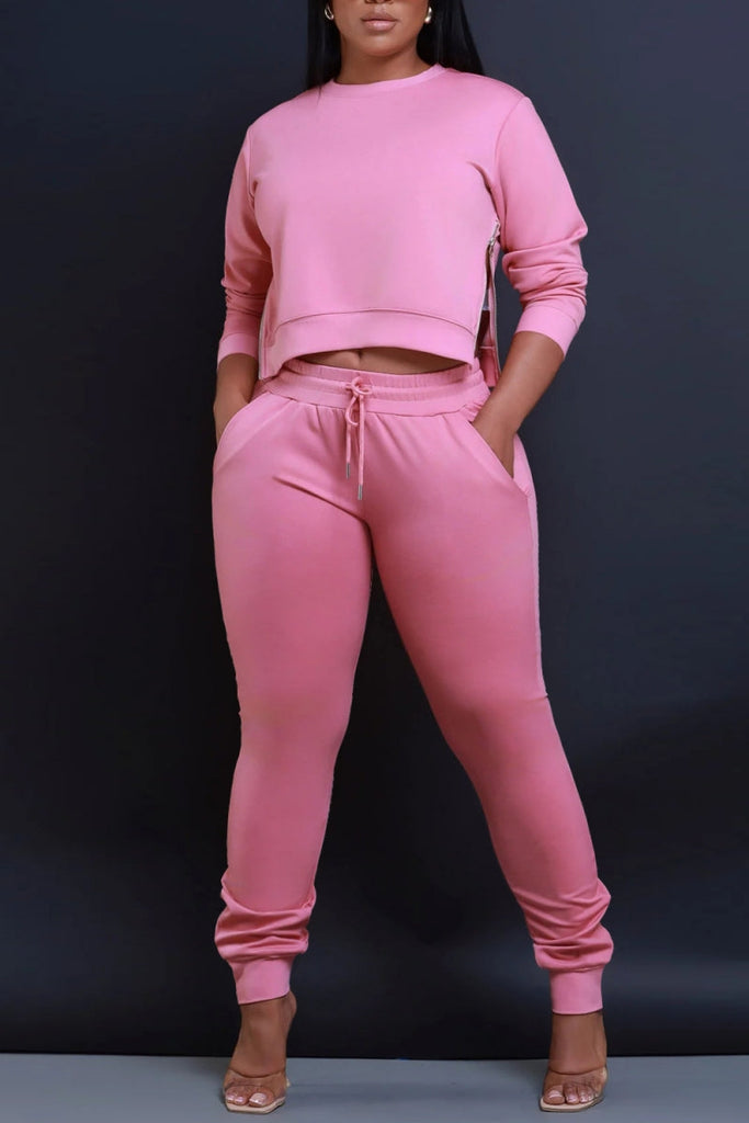 Goosudu Casual Solid Patchwork O Neck Plus Size Two Pieces