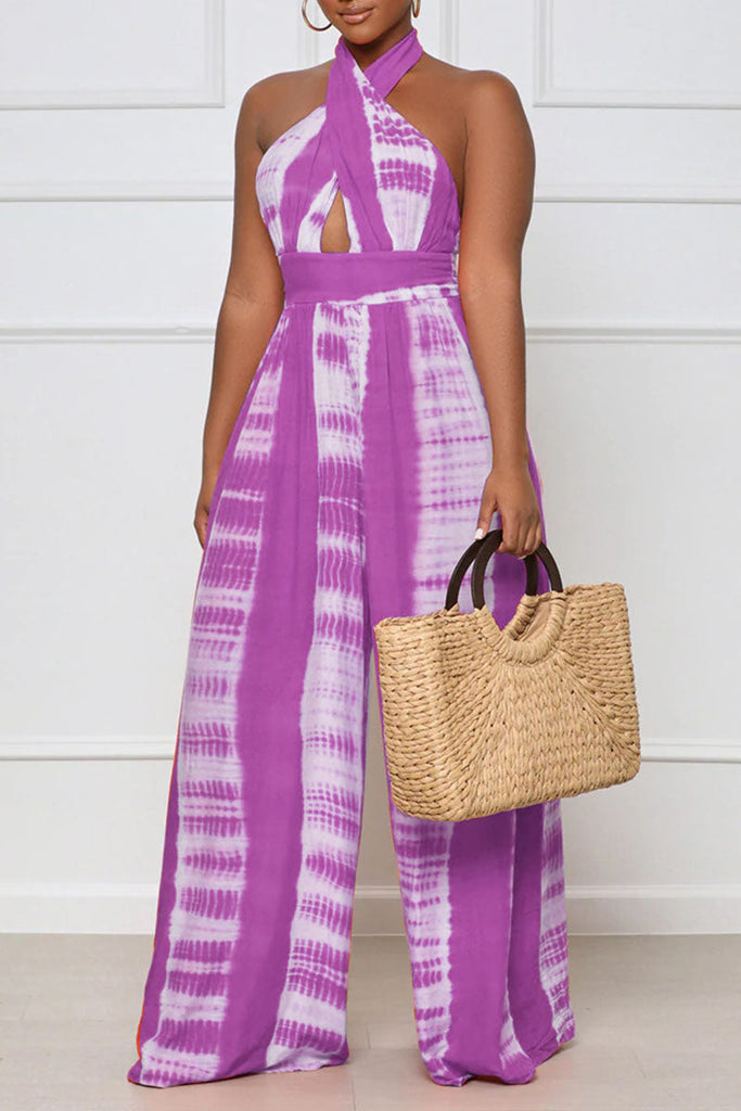 Goosudu Sexy Print Patchwork Backless Halter Straight Jumpsuits