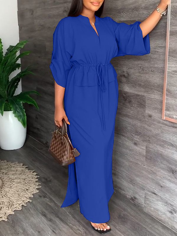 Goosudu V-Neck Drawstring Slit Dress