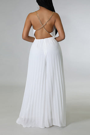 Goosudu Glamorous Solid Color Pleated Backless Chain Sling Jumpsuits