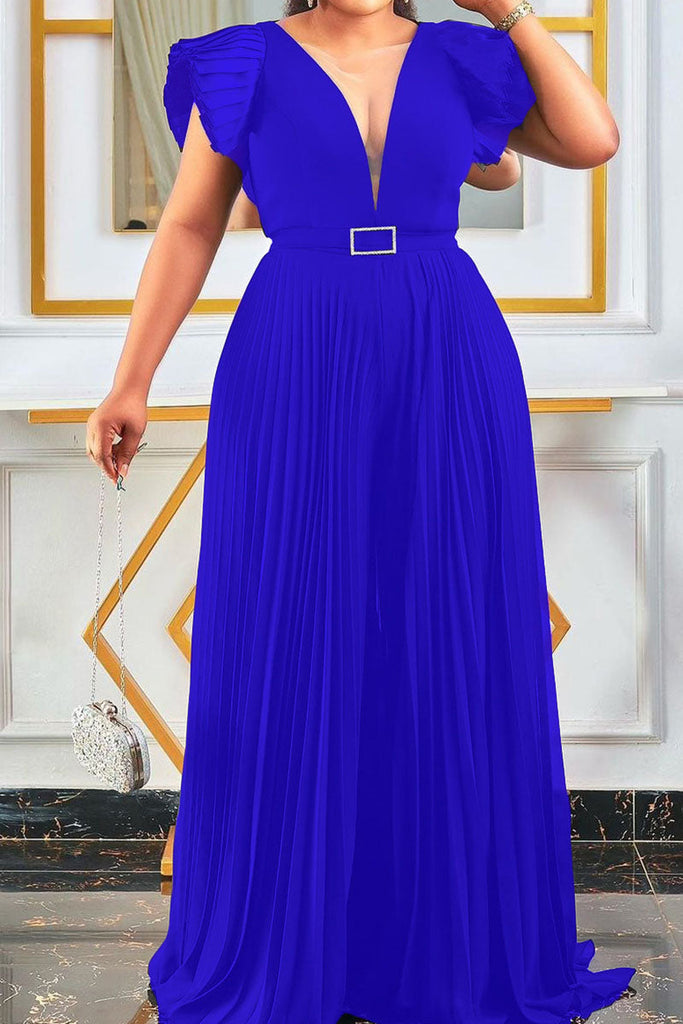 Goosudu Elegant Solid Patchwork Fold V Neck Loose Jumpsuits