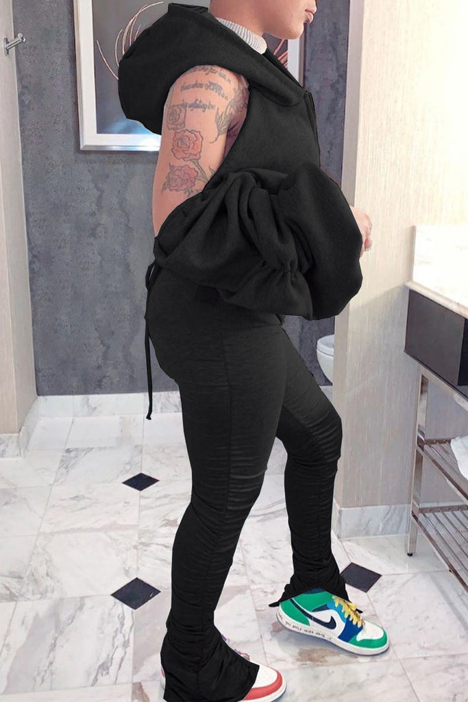 Goosudu Casual Solid Hollowed Out Patchwork Pocket Zipper Hooded Collar Long Sleeve Two Pieces