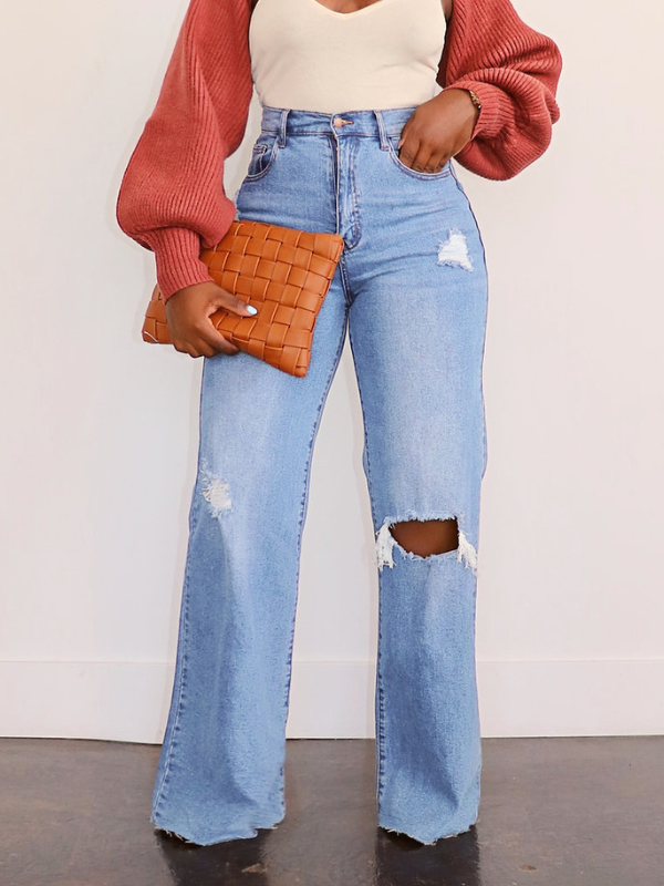 Goosudu Women's Ripped Straight Jeans Casual Loose Denim Long Pant