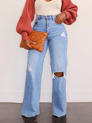 Goosudu Women's Ripped Straight Jeans Casual Loose Denim Long Pant