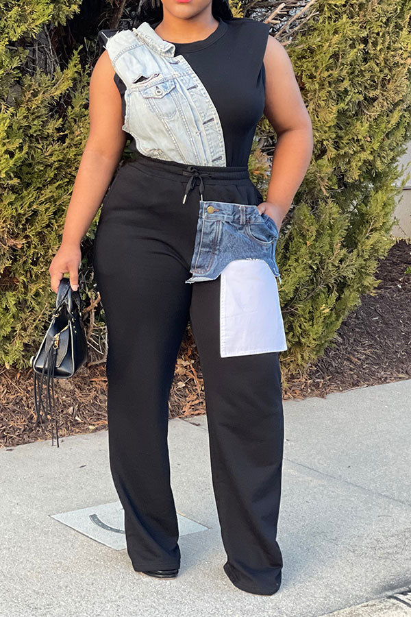 Goosudu Denim Pocket Patchwork Stylish Drawstring Pants