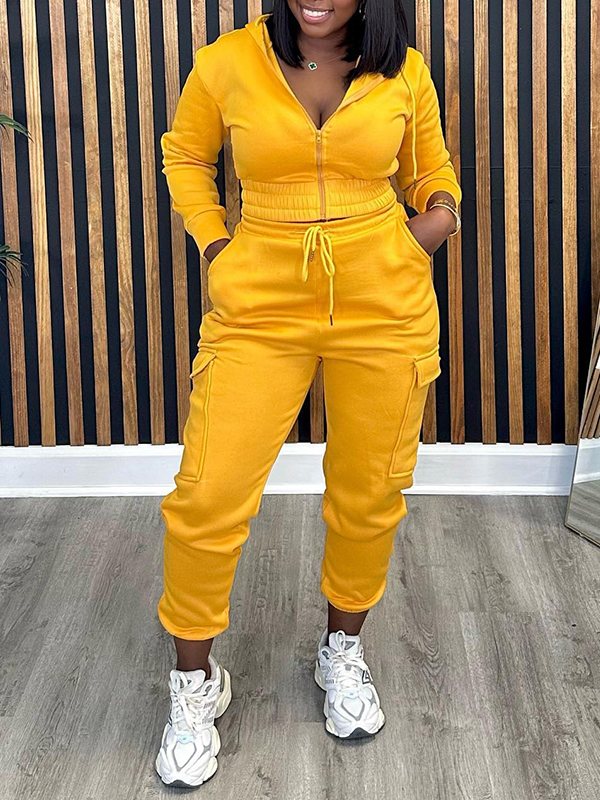 Goosudu Solid Zip-Front Hoodie & Cargo Pants Set