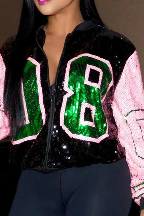 Goosudu Color Block Patchwork Sporty Sequined Jacket