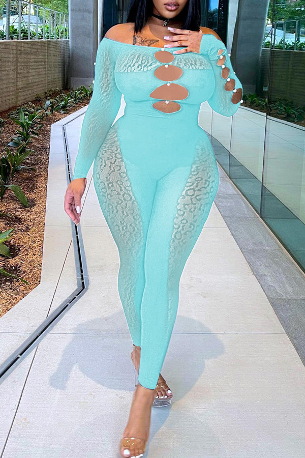 Goosudu Sexy Off Shoulder Sheer Leopard Print Pearl Buckle Chest Cutout Jumpsuits