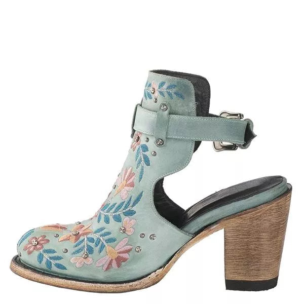 Goosudu Vintage Floral Embroidery Round Toe Ankle Boots