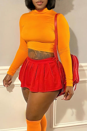 Goosudu Street Solid Patchwork O Neck Long Sleeve Two Pieces