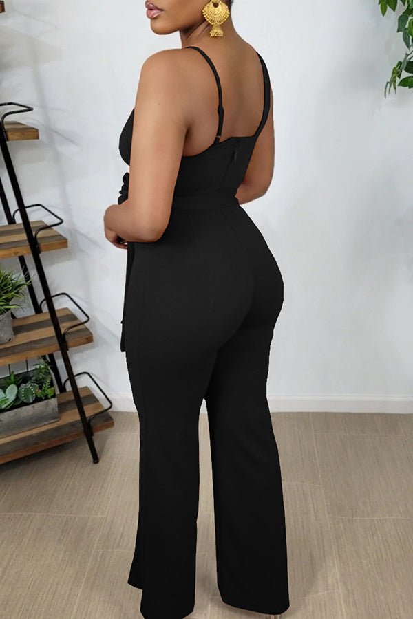 Goosudu Sexy Spaghetti Straps Belt Wide Leg Jumpsuit