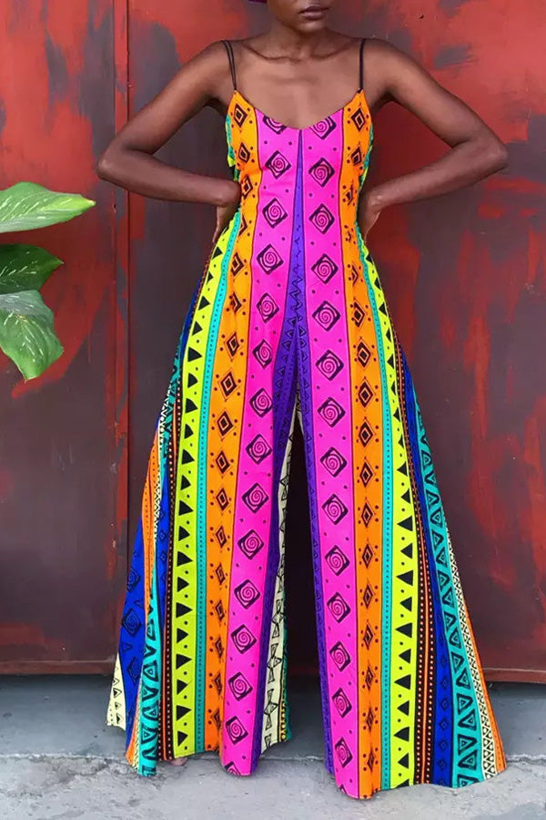 Goosudu Romantic Print Sleeveless Sling Wide-Leg Jumpsuits