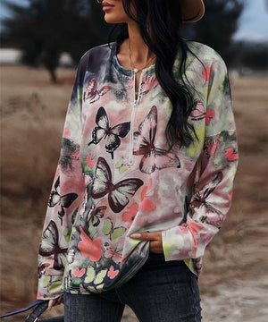 Goosudu Clearance Women's T-Shirt Butterfly Print Long Sleeve Zipper up Tee