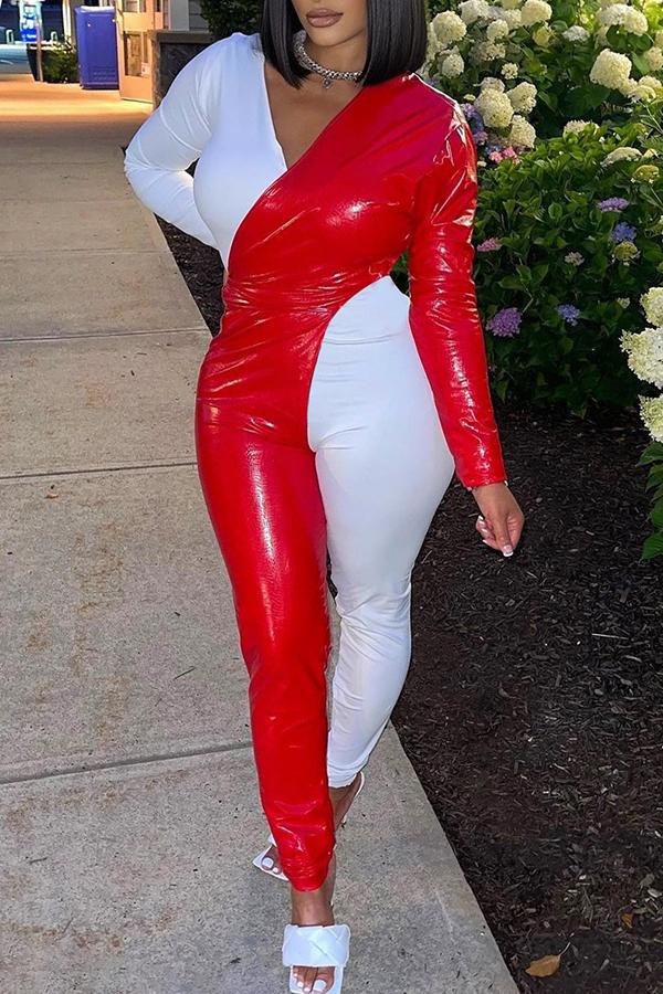 Goosudu Temperament PU Stitching V-neck Jumpsuit