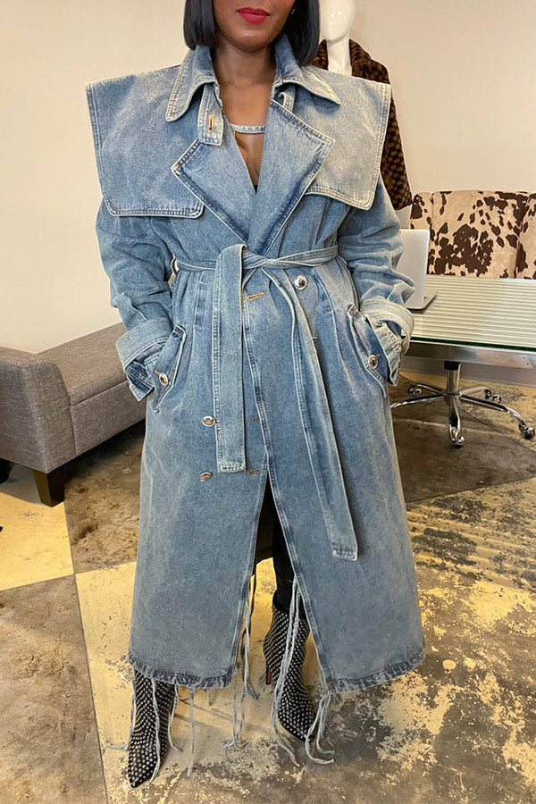 Goosudu Denim On-trend Denim Overcoat With Belt