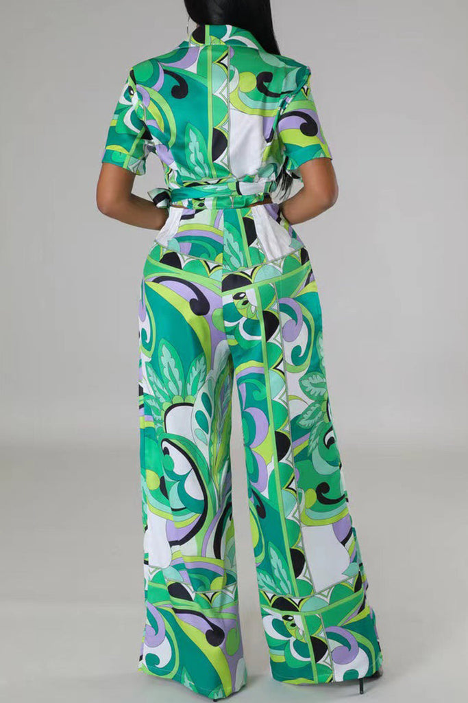 Goosudu Casual Elegant Print Bandage Patchwork Pocket Turn-back Collar Short Sleeve Two Pieces