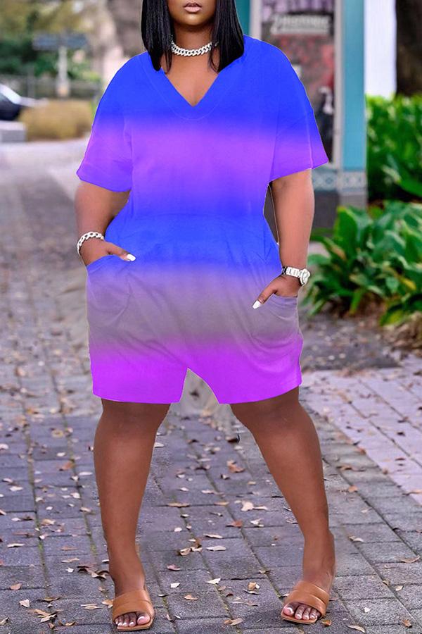 Goosudu Gradient V-neck Short Sleeve Pocket Romper