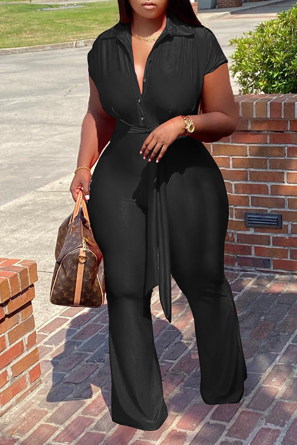 Goosudu Fashion Shirt Collar Breasted Wide Leg Jumpsuit Belted