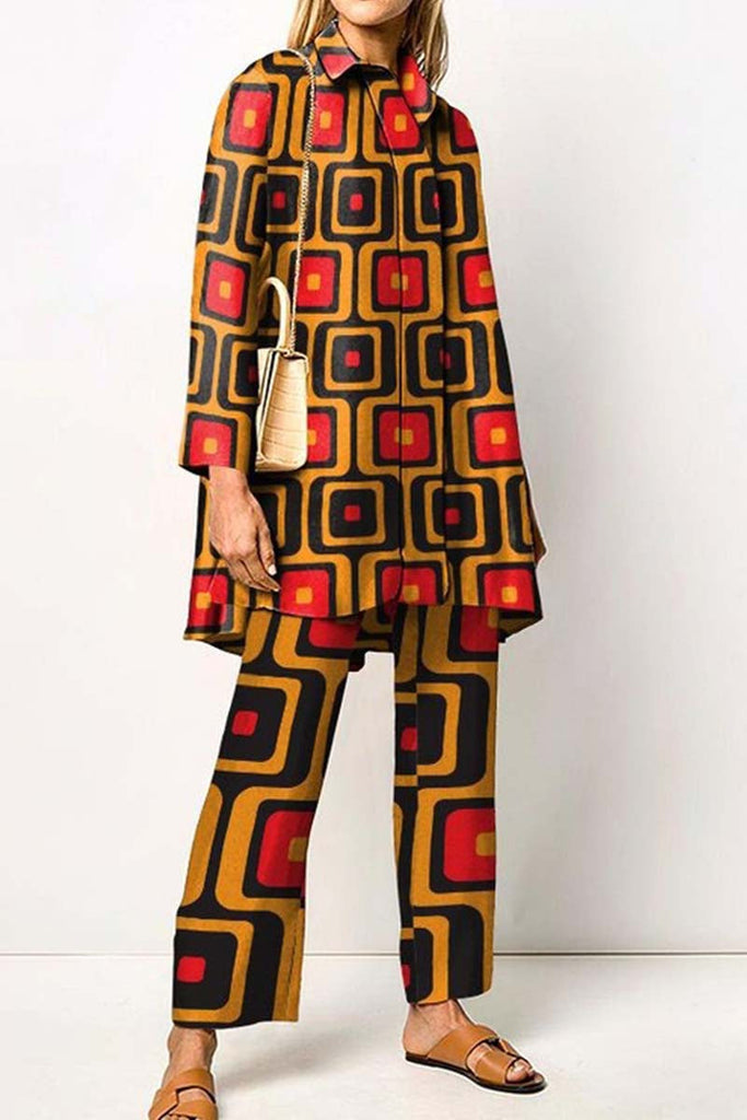 Goosudu Casual Print Patchwork Shirt Collar Long Sleeve Two Pieces