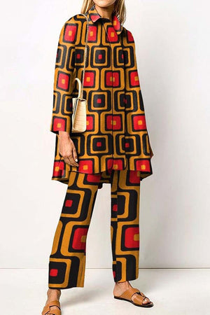 Goosudu Casual Print Patchwork Shirt Collar Long Sleeve Two Pieces