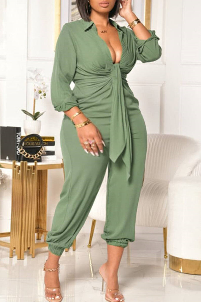 Goosudu Fashion Casual Solid Basic V Neck Plus Size Jumpsuits