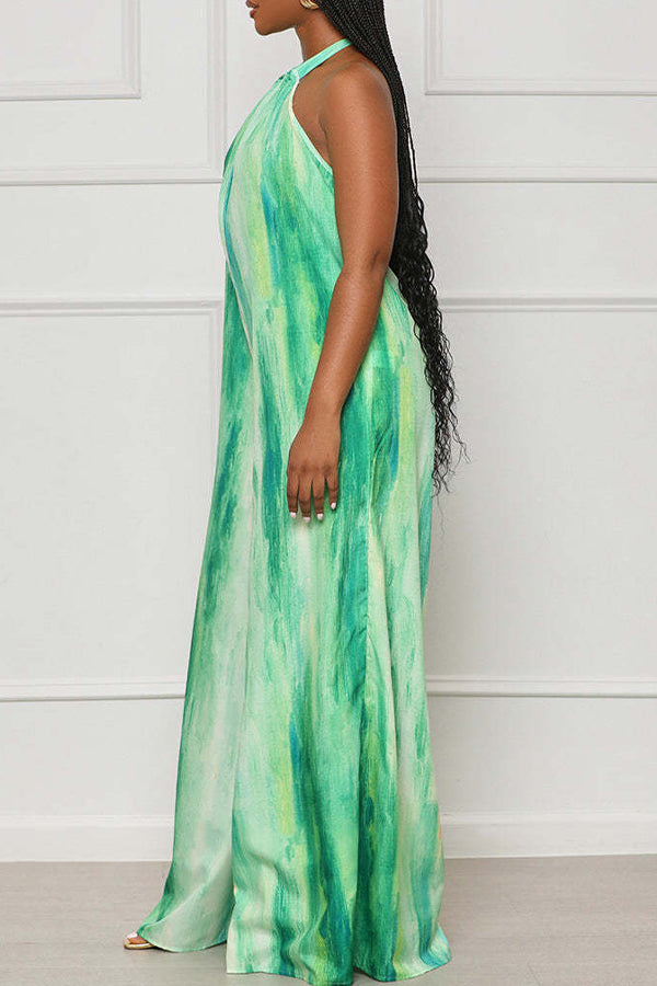 Goosudu Romantic Sleeveless Print Backless Lace-Up Wide-Leg Jumpsuits