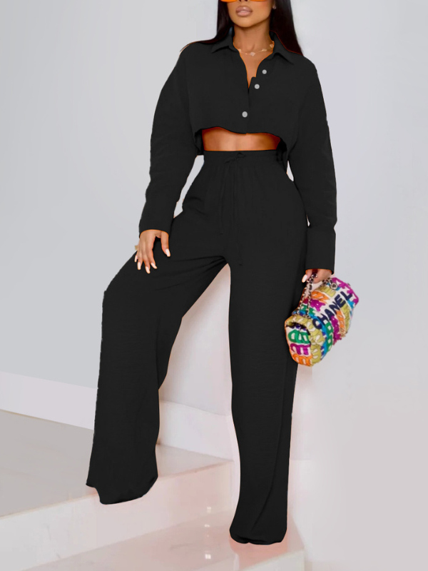 Goosudu Solid Cropped Shirt & Wide-Leg Pants Set