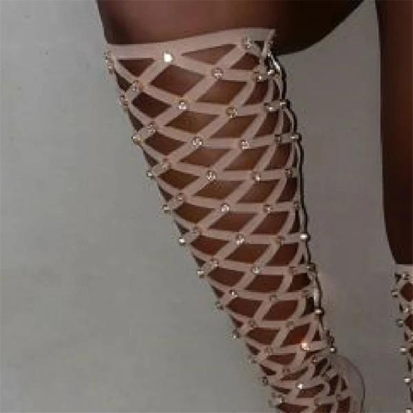 Goosudu Diamonds Square Open Toe High Heel Boots