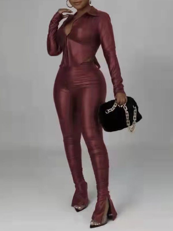 Goosudu Faux-Leather Tied Shirt & Slit Pants Set