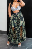 Goosudu Camouflage Ripped Cozy Belted Wide Leg Pants