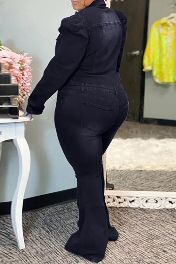 Goosudu Fashion Plus Size Wide Shoulder Denim Flared Jumpsuit