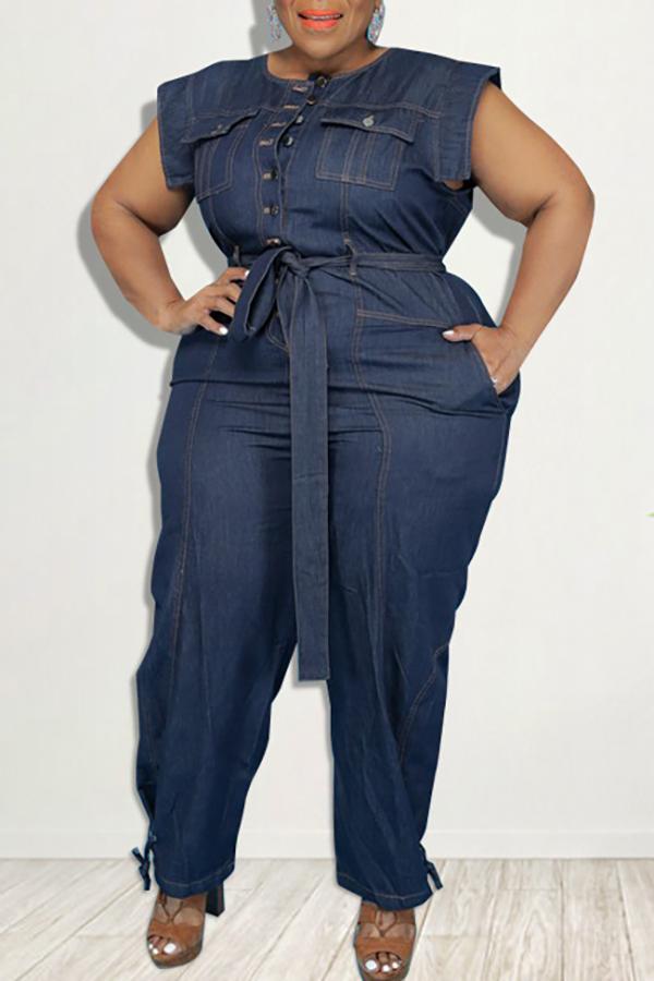 Goosudu Plus Size Washed Denim Cap Sleeve Pocket Belt Jumpsuit