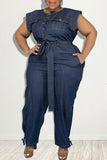 Goosudu Plus Size Washed Denim Cap Sleeve Pocket Belt Jumpsuit