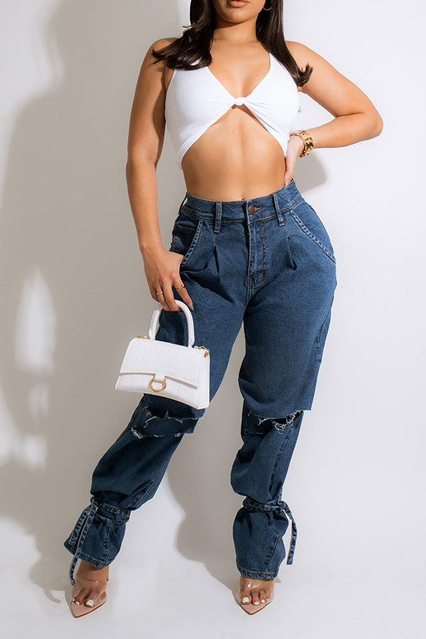 Goosudu Solid Color Ripped Stylish Strappy Jeans