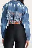 Goosudu Ripped Stylish Tassel Hem Denim Jacket