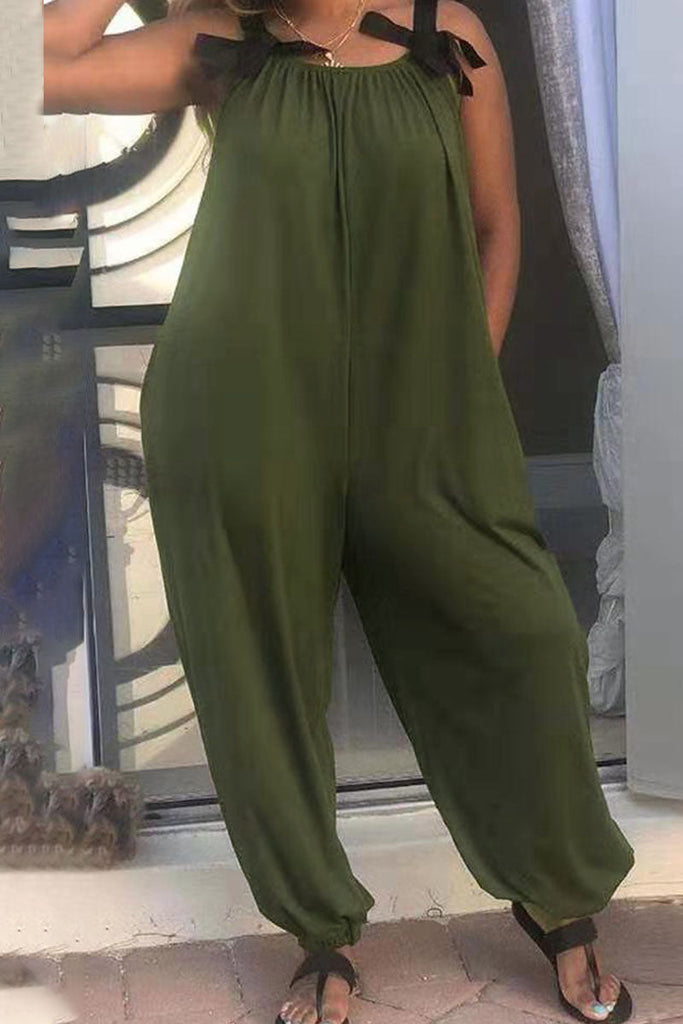 Goosudu Casual Solid Patchwork Spaghetti Strap Loose Jumpsuits