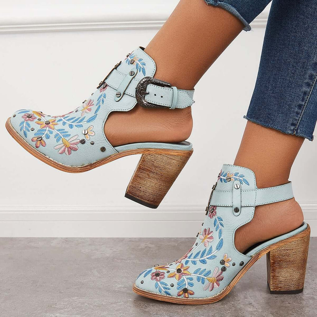 Goosudu Vintage Floral Embroidery Round Toe Ankle Boots
