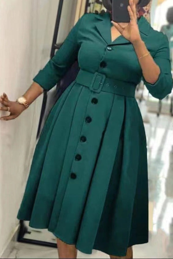 Goosudu Commuter 3/4 Lenght Sleeve Lapel Belt A-Line Single Breasted Mini Dress