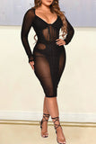 Goosudu Fashion Sexy Patchwork Frenulum See-through V Neck Long Sleeve Dresses