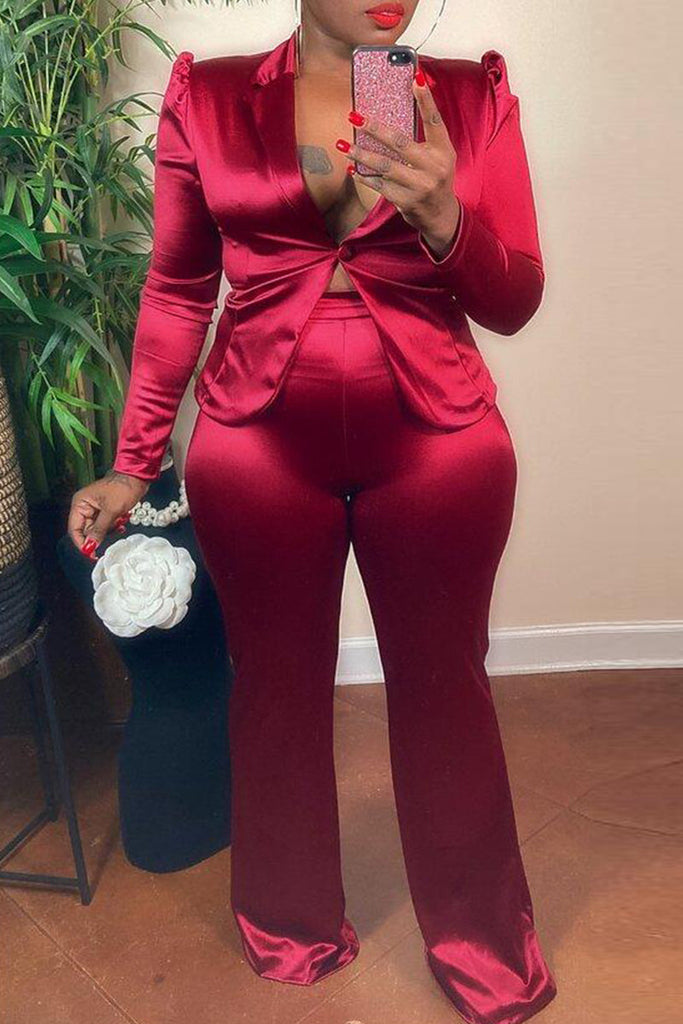 Goosudu Fashion Casual Solid Cardigan Pants Turndown Collar Long Sleeve Two Pieces