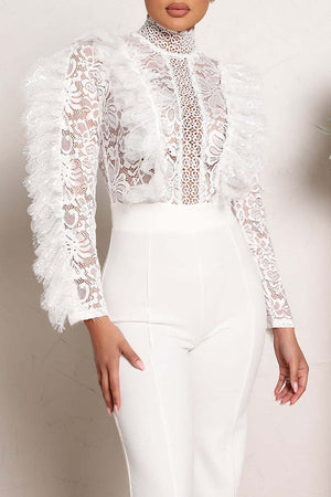 Goosudu Fashion Sexy solid Color Lace Fringed See-Through Jumpsuit