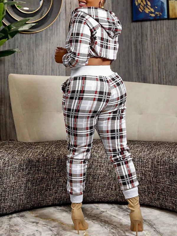 Goosudu Plaid Zip-Front Hoodie & Pants Set